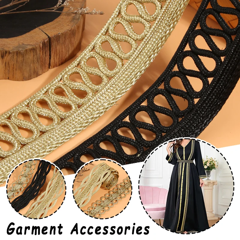 1 Yard Vintage Gold Thread Polyester Braided Woven Ribbon Hollow Lace Trim Fabric Edge For Garment DIY Craft Decoration