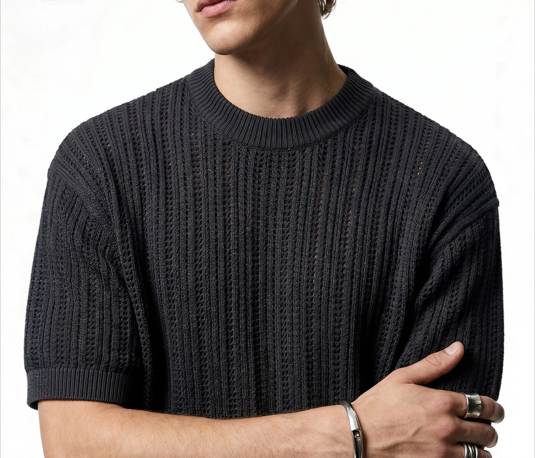 Old Qian Wind Striped Texture Wool Short Sleeve 2026 Summer New Product Light Ripe Wind Skin-friendly