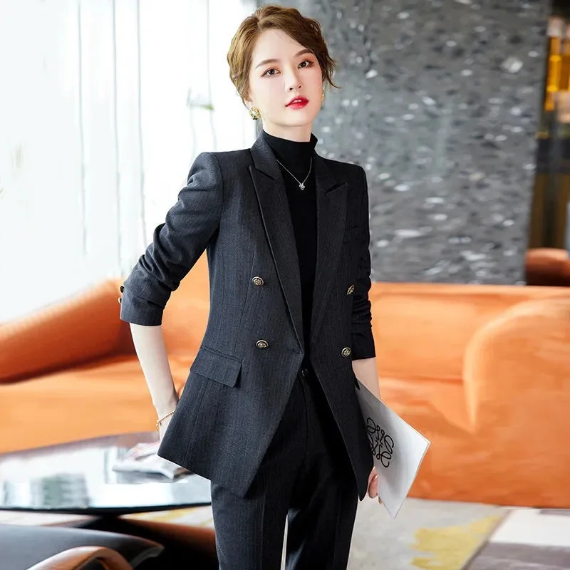 

Женский двубортный приталенный костюм-двойка с пиджаком | Элитный профессиональный комплект для поездок на работу весной и осенью