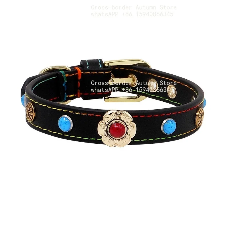 Flower buckle turquoise rivet explosion-proof leather first layer cowhide pet collar cat and dog collar