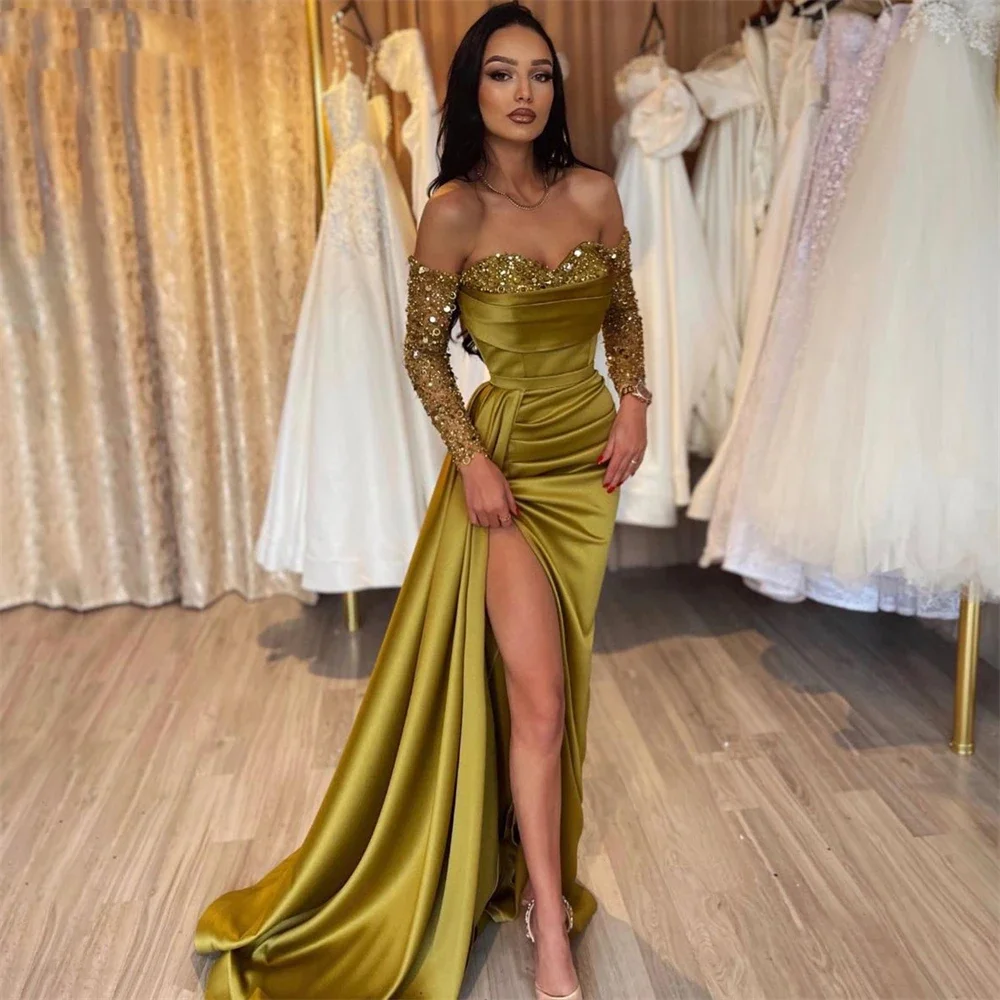 

Flavinke Glitter Mermaid Evening Dresses Sweetheart Off Shoulder Prom Dress Pleated Satin Side Slit Sexy Party robes de soirée