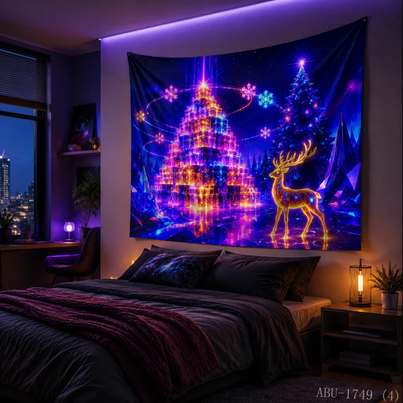 VIKAMA Neon Purple Blue Gift Box Tree Reindeer Halo Snowflake Crystal Mountain Christmas Tapestry Wall Hanging Bedroom Living