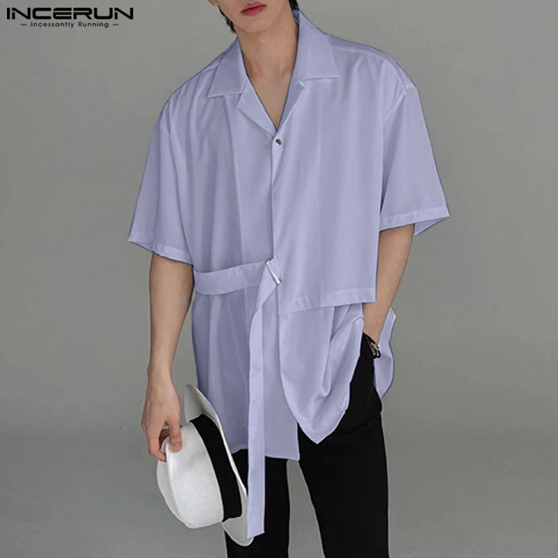 

INCERUN Tops 2024 Korean Style Fashion Men's Ribbon Design Lapel Shirt Casual Simple Male Solid Color Short Sleeved Blouse S-5XL