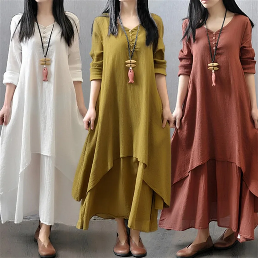 Women Elegant Linen White Dresses Bohemia Layering Vintage Robe Long Sleeve Loose Long Dress Female Autumn Vestidos