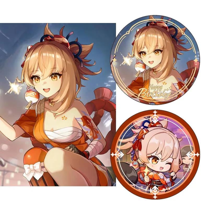 

Аниме Genshin Impact Destined Day Yoimiya, новый лазерный значок с днем рождения, жестяная пластина Baji, мгновенная камера, маленькая карточная игра, подарок