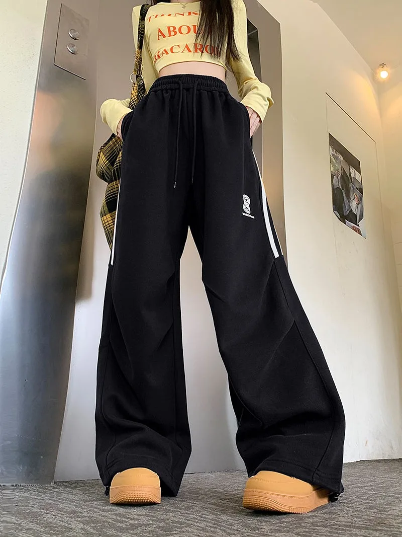 Black Casual Pants Women American Retro Three Bar Sweatpants Fall Winter New Sports Loose Thin Letters Embroidery Straight Pants