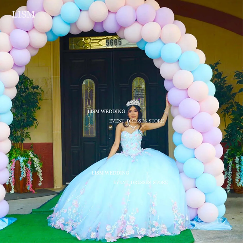 Lism ชุดเดรส15 quinceanera สีฟ้าสวย3D เจ้าหญิงลูกไม้ applique sweetheart Tulle ชุดงานวันเกิดหลัง