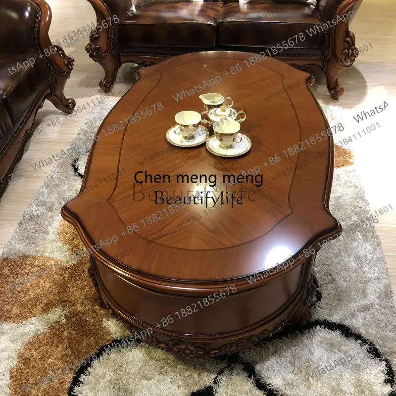 European solid wood coffee table, neoclassical solid wood carving flower dark oval tea table furniture