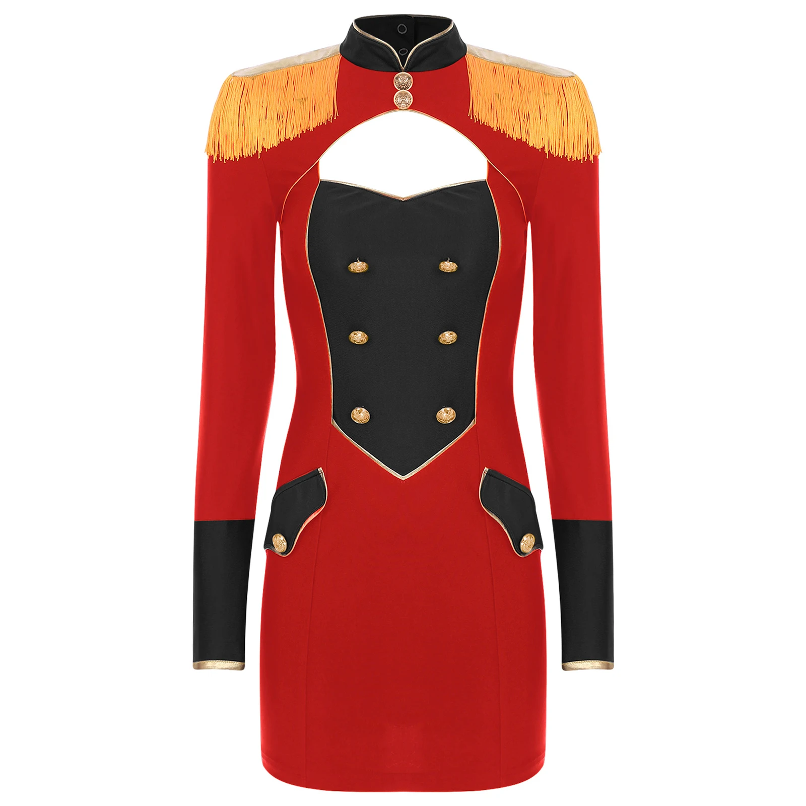 Womens Circus Ringmaster Cosplay Halloween Outfits Magician Costume Long Sleeve Tassel Vintage Buttons Cutout Bodycon Dress