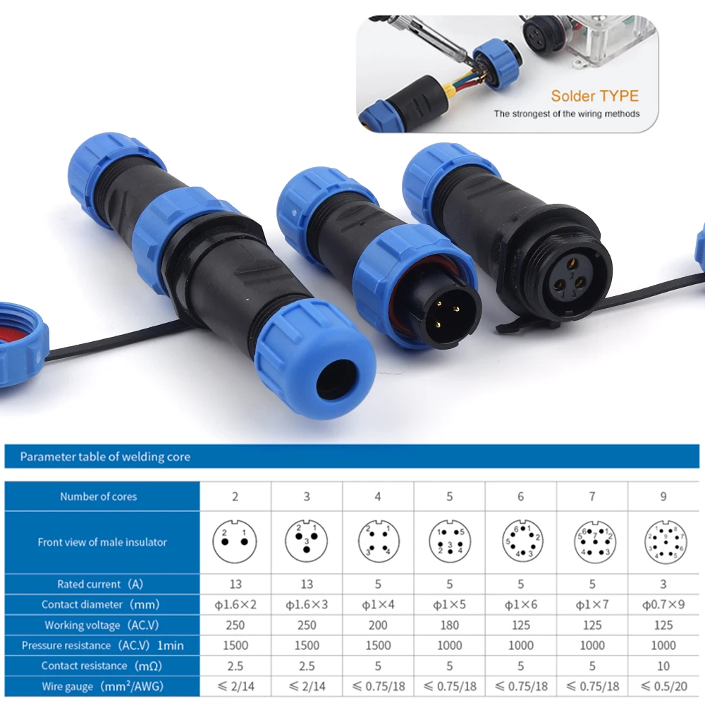 SP13 2/3/4/5/6/7/9 Pin Panel Mount Waterproof Aviation Connectors Plug Socket IP68 Electrical Cable Wire Connector male & female