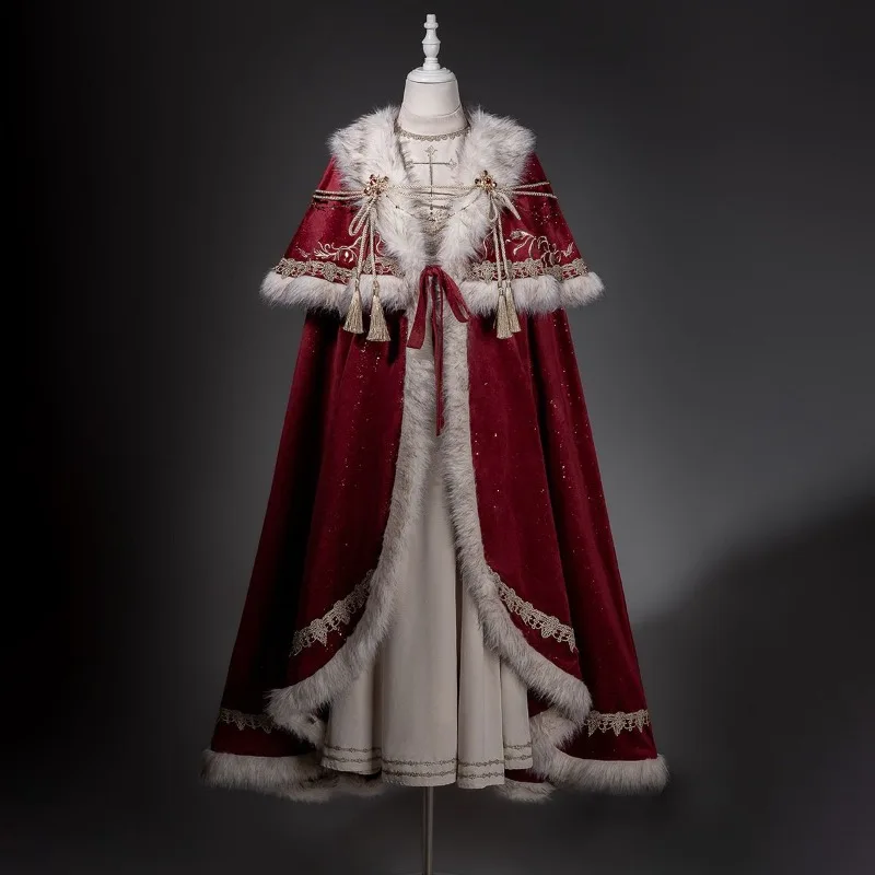 Women Royal Medieval Costume Set Faux Fur Trim Long Cape + Maxi Dress Lace Embroidery Vintage Court Outfit Christmas Party