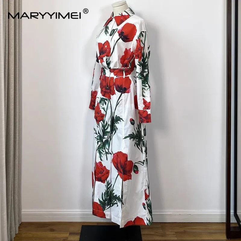 MARYYIMEI Spring Summer Suit Women's Turn down Collar Long sleeved Shirts Top＋Floral-Print Wide Leg Pants Two Pieces Set