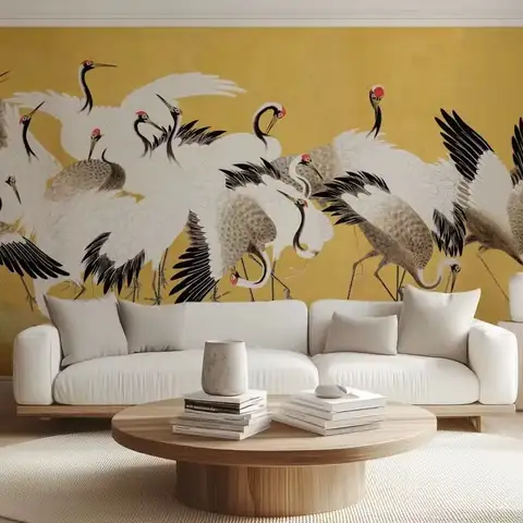 Stylized Japanese Bird Flock Wall Mural. Yellow Color Chinese Cranes Wallpaper For Room Decor, Customized Size,Traditional Paper