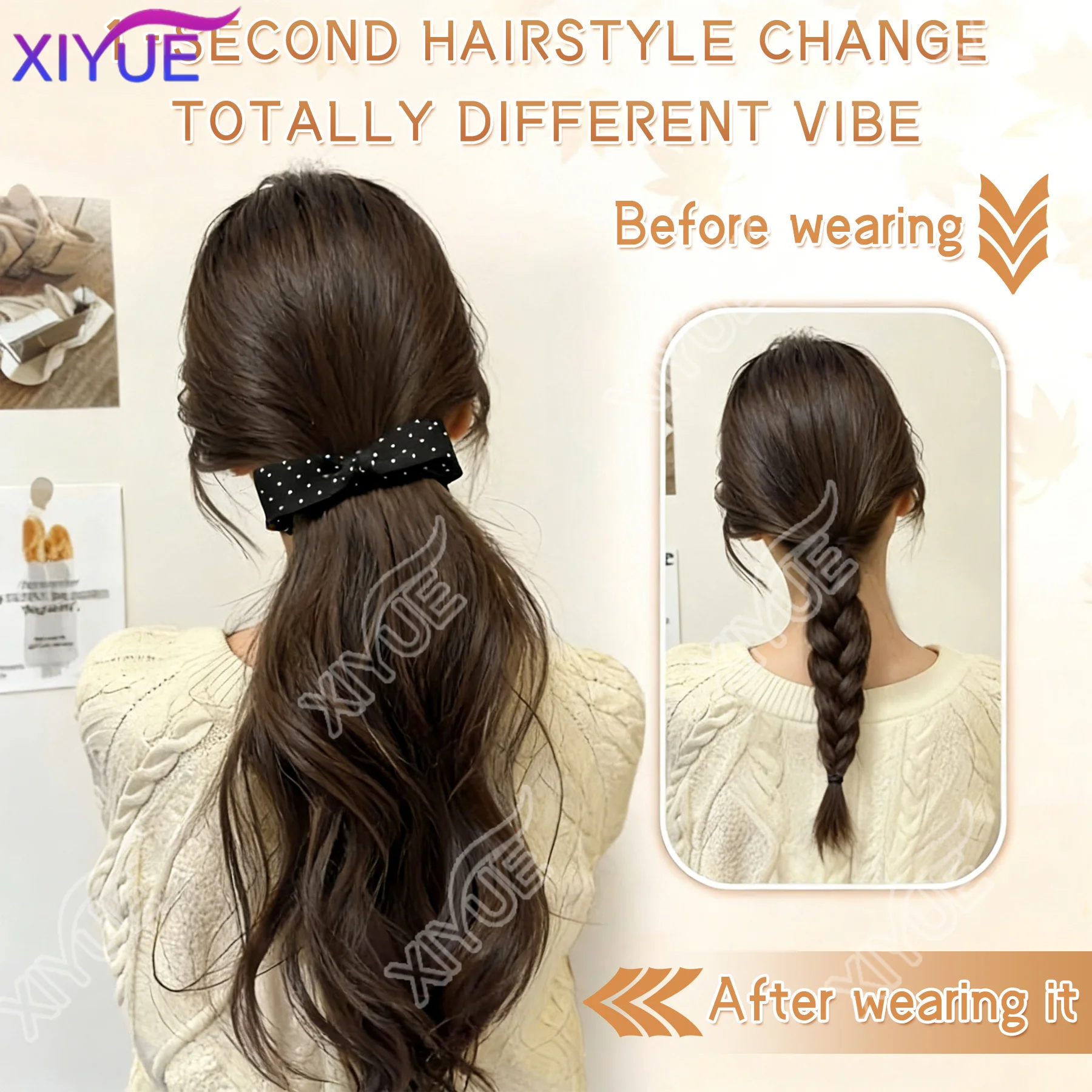 XIYUE Elegant Synthetic Silk Polka-Dot Bowknot Banana Claw Clip Ponytail Wig - Long Wavy Layered Ponytail for Women’s Daily Use