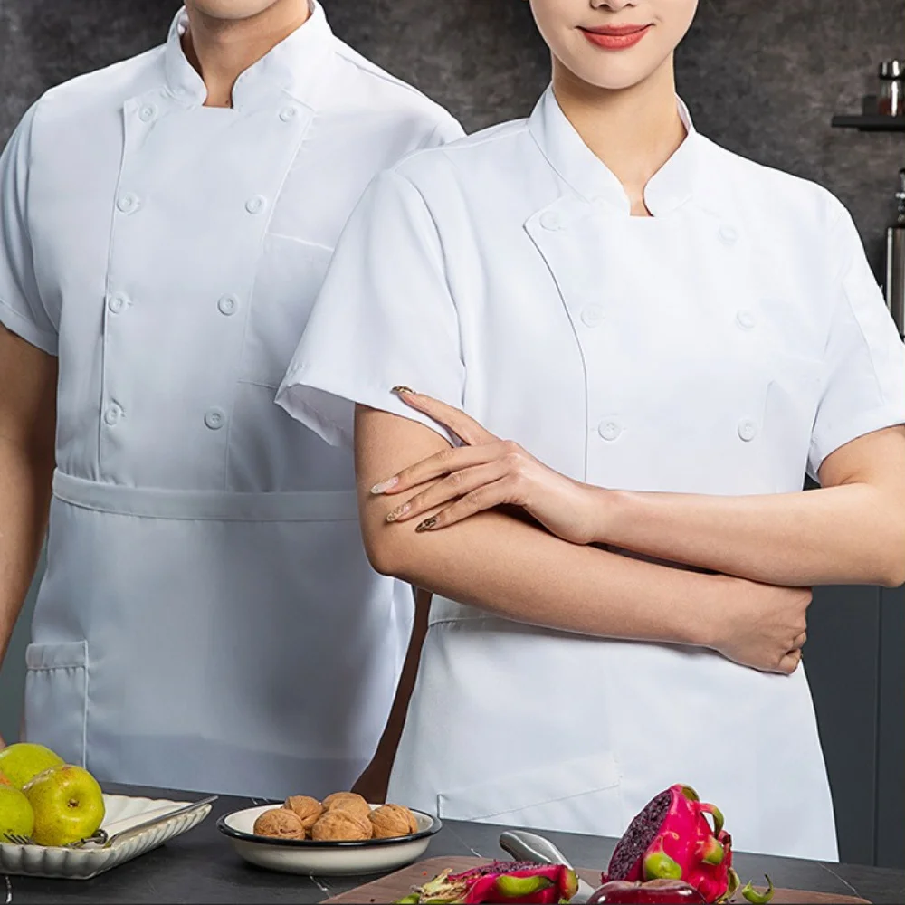 Double Breasted Chef's Top Men's and Women's Solid Color Kitchen Uniform Back Kitchen Top Short Sleeved Front Button
