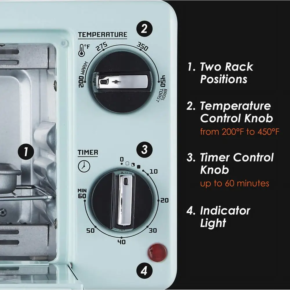 Forno tostapane retrò a 2 fette Capacità 10 litri Temperatura regolabile 200-450F Temporizzatore da 60 minuti Distribuzione uniforme del calore Spegnimento automatico