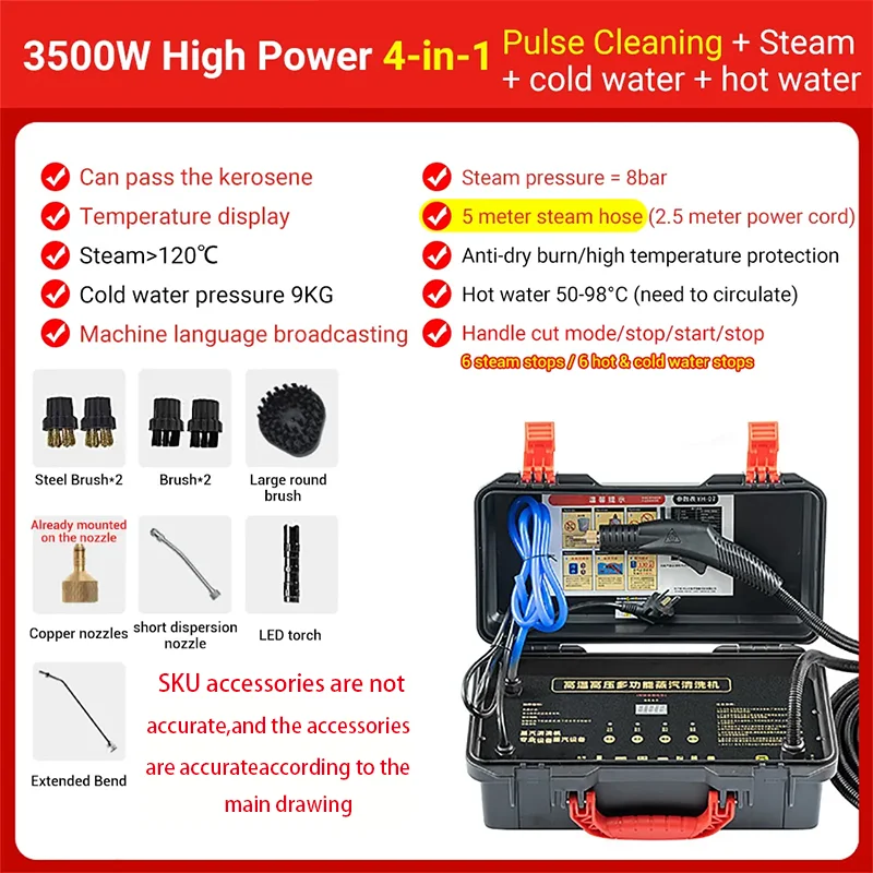 3500W Commercial Household Steam Cleaner Air Conditioning Kitchen Range Hood Automotive Steam Cleaner and Alkaline Cleaning