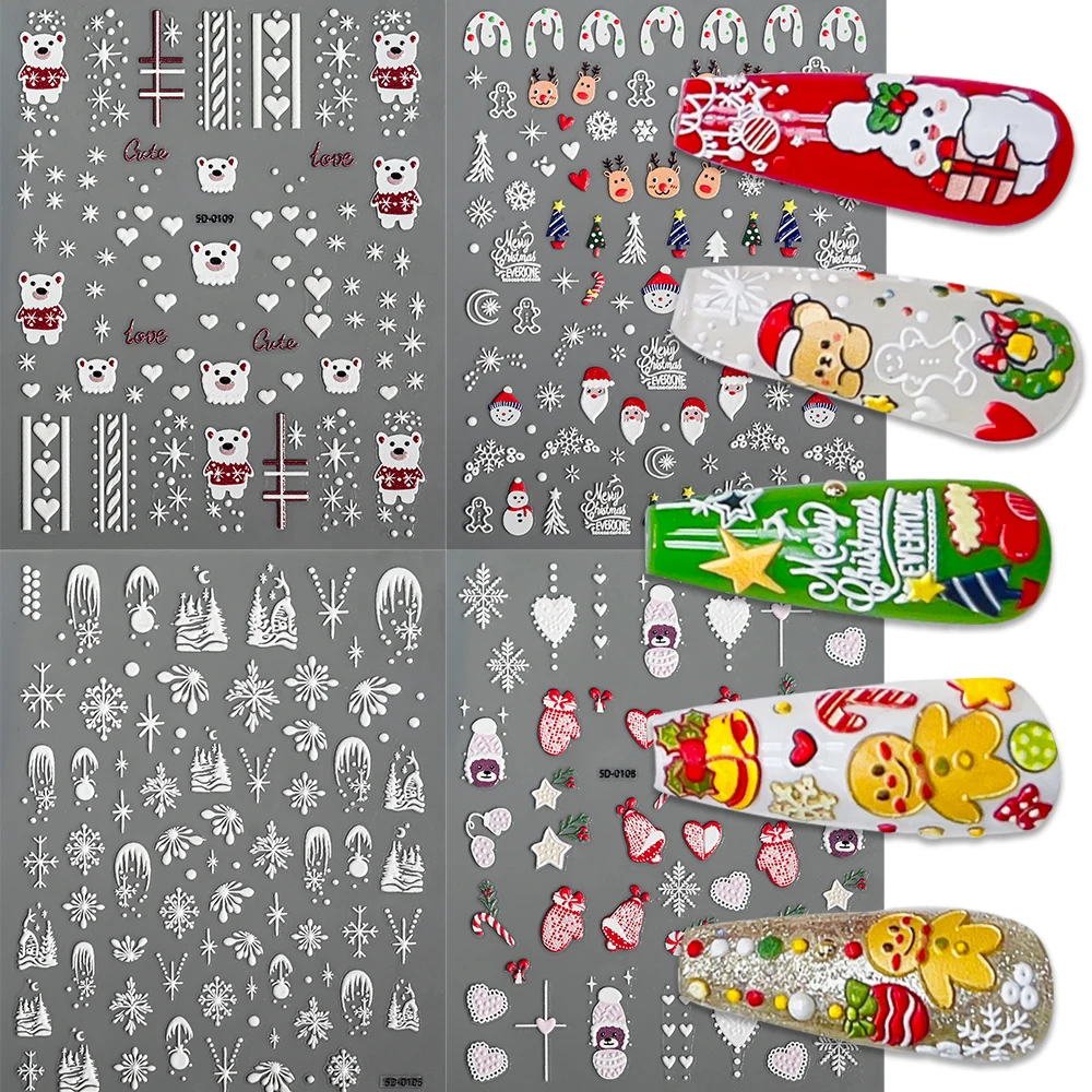 1PC 5D Embossed Santa Claus Elk Nail Art Sticker Cartoon Kawaii Nail Slider Decals Winter New Year Christmas Manicure Decoration