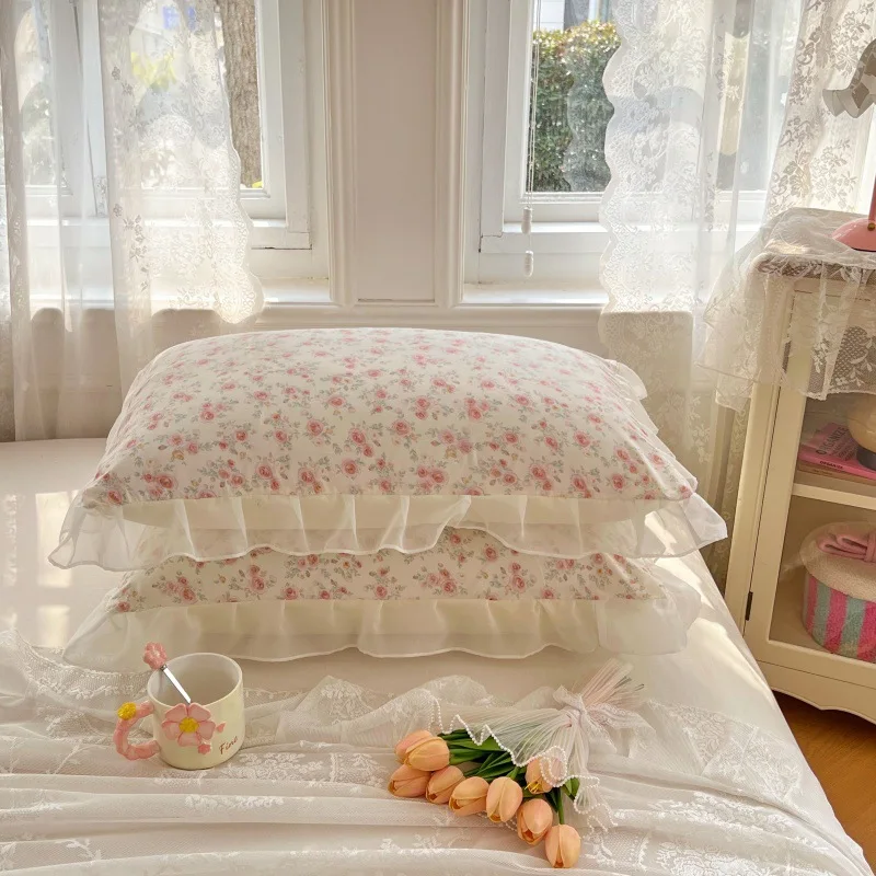 Romantic French Style Pillowcase Floral Ruffled Lace Pillow Covers 48x74cm Decorative Princess Pillowcases Ruffles Pillow Sham
