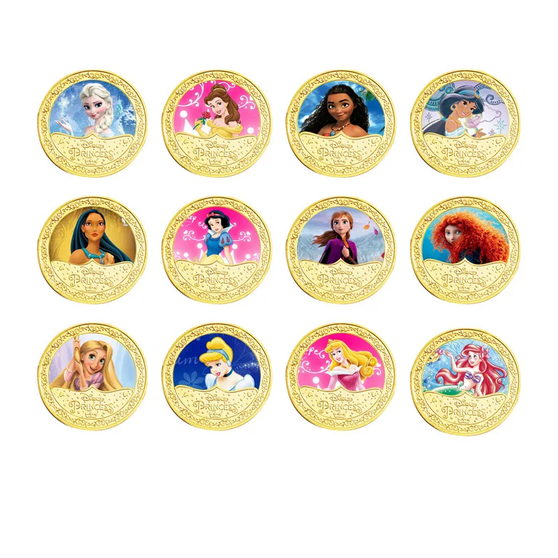 12PCS Kawaii Disney Princess Commemorative Coin Action Anime Snow White Cinderella Sleeping Beauty Collectible Ornaments Gifts