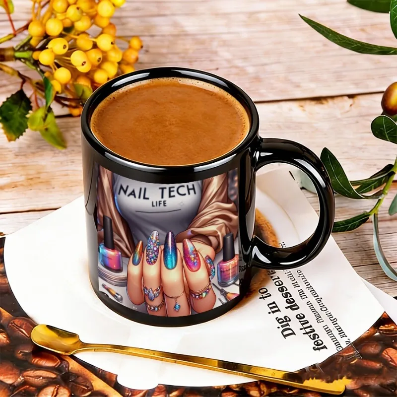 Personalized 11 ounce nail themed 2D printed black ceramic mug, designed as a gift for nail technicians and beauty enthusiasts
