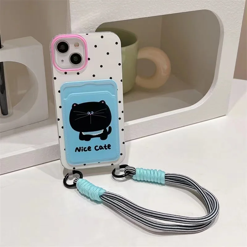 Card bag funny cartoon polka dot black cat phone case with   For iPhone 15 14 Plus X XS XR 11 12 13 Pro Max Silicone Cases Cover