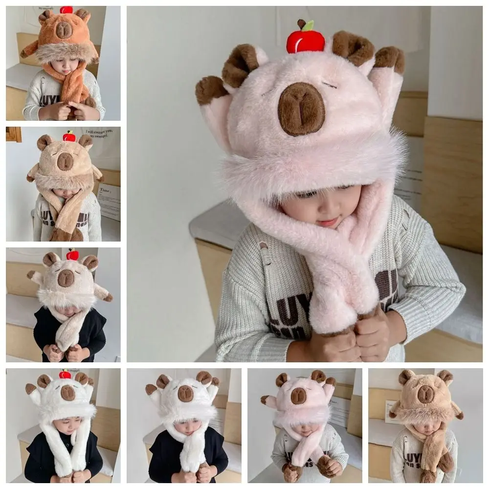 Gorro con protección para los oídos a prueba de viento de dibujos animados, gorro con orejas móviles gruesas, conjunto de bufanda, bufanda con capucha de capibara suave integrada para invierno