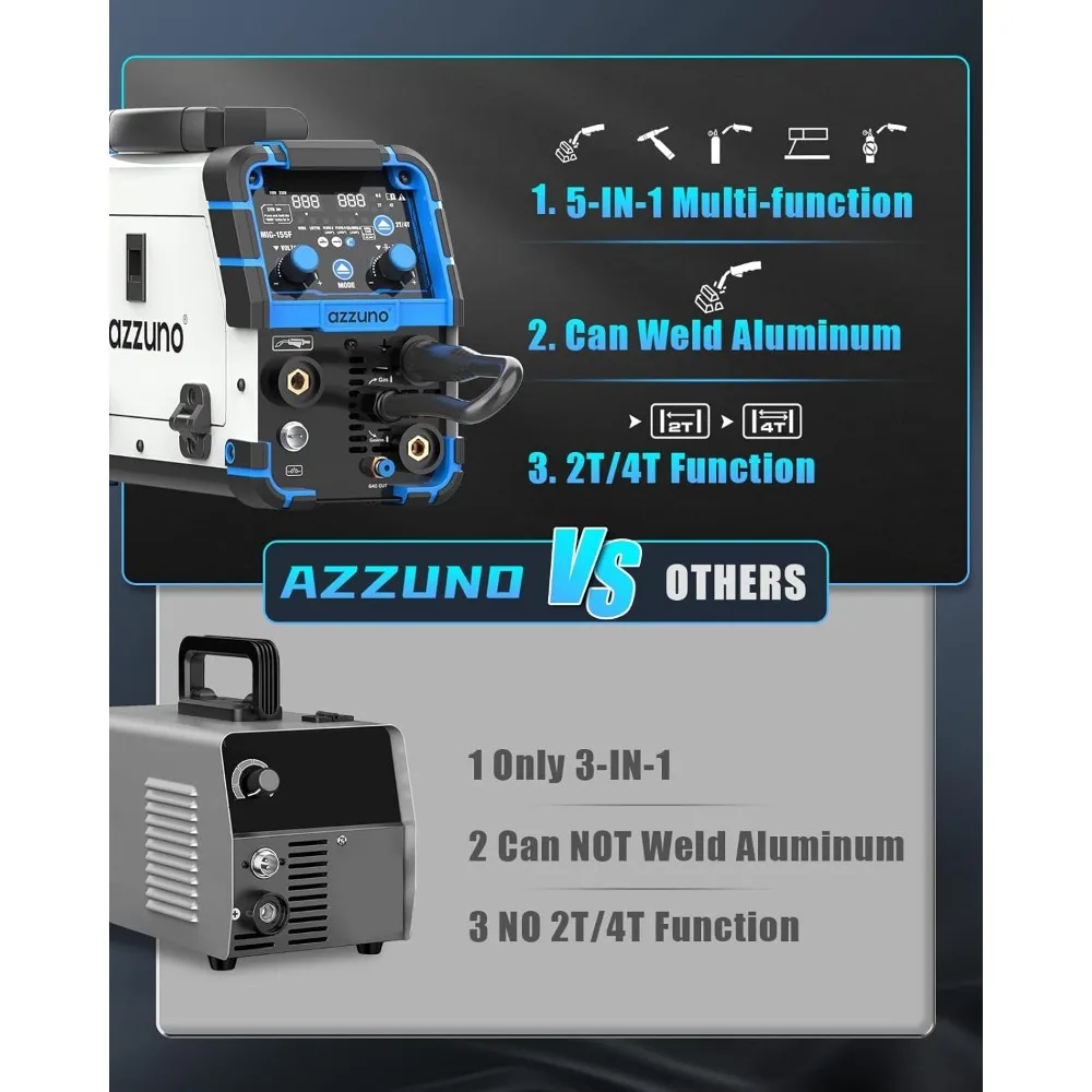 AZZUNO Aluminium 155A MIG-lasapparaat 110V / 220V, 5-in-1 MIG-lasmachine met fluxkern MIG / gas MIG / aluminium MIG / Stick / Lift TIG Wel