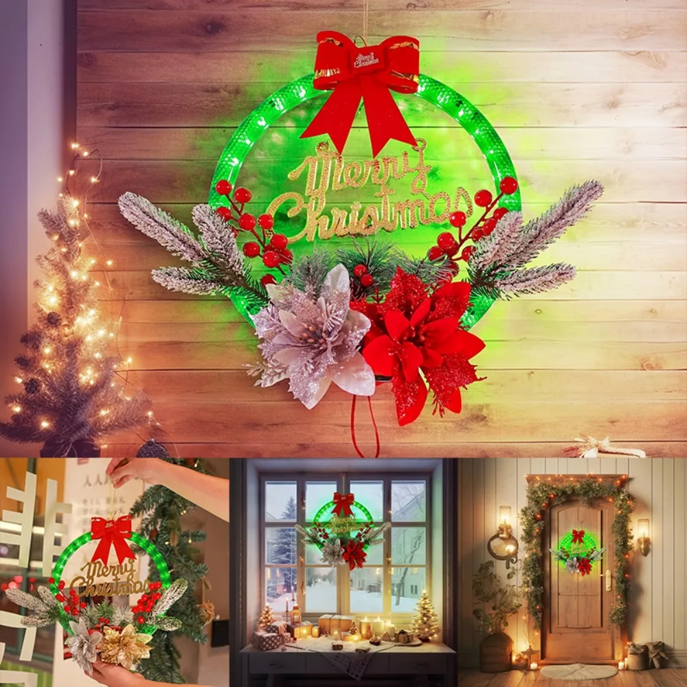 

Christmas Wreaths with LED Light 28cm Hanging Lighted Wreath for Front Door Window Xmas Wreath for Holiday Party Decoration