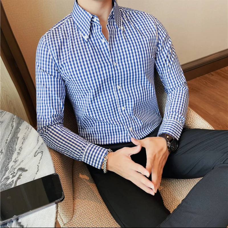 Brand Clothing Men Spring High Quality Business Dress Shirts/Male Slim Fit Fashion Plaid Lapel Long Sleeve Shirts 4XL-M