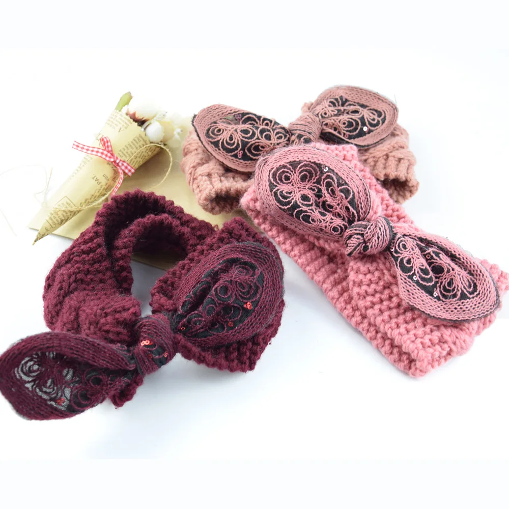 

Net Red Knitted Wool Bow Women Sequins Fashion Sweet Elastic Headband Accessories