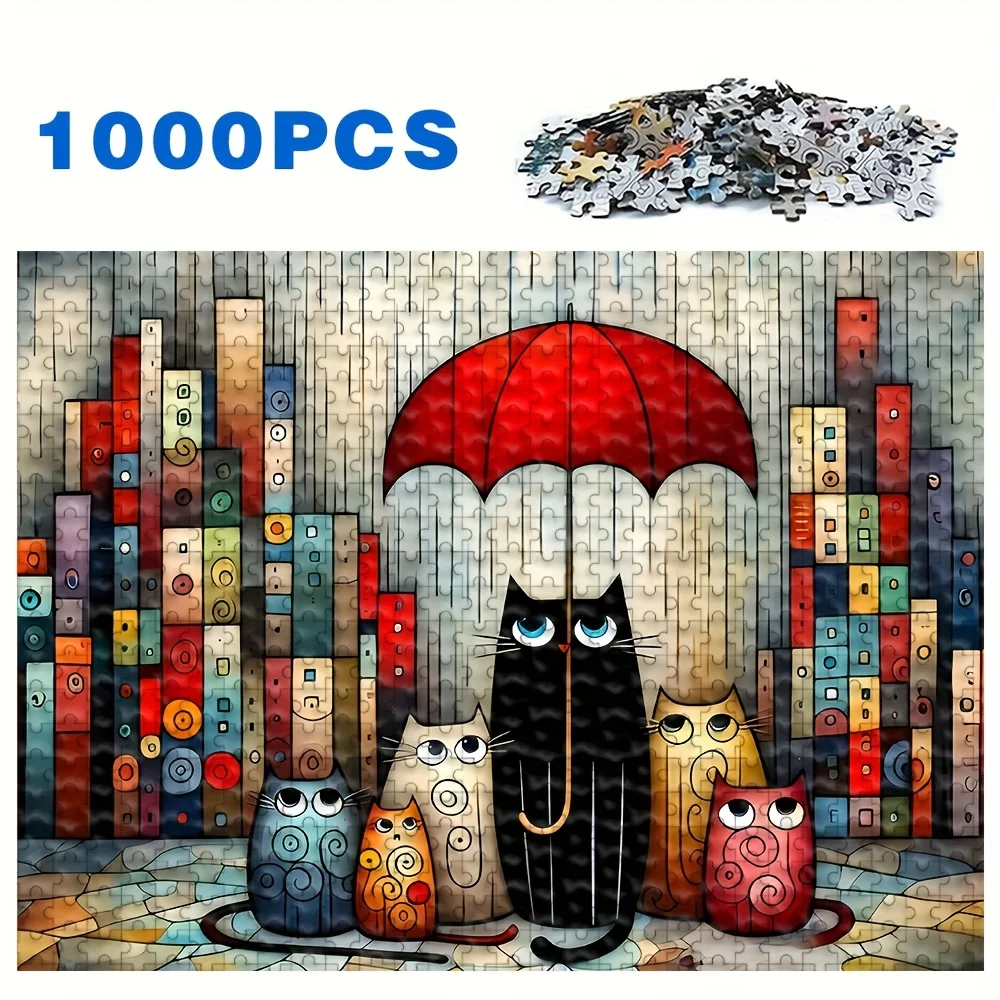 Puzzle dla dorosłych z motywem kotów pod czerwonym parasolem w deszczu w mieście, fantazyjna gra intelektualna, dekoracyjna zabawka do domu.