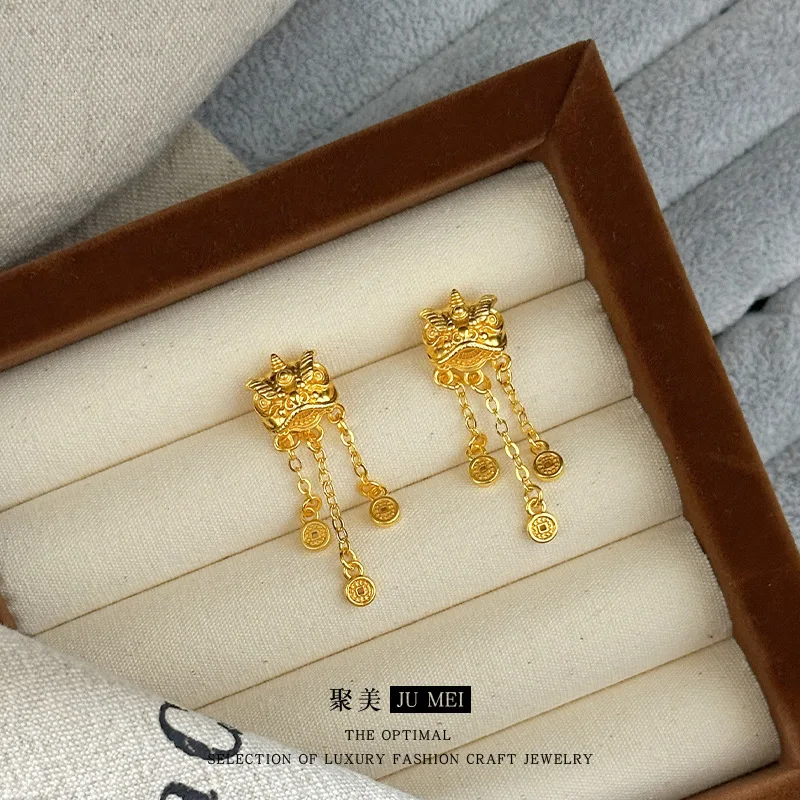 

Women's Unicorn Tassel Earrings, 24K Gold, AU999 | Solid gold unicorn head with bead tassels, "Magic" engraving at back.