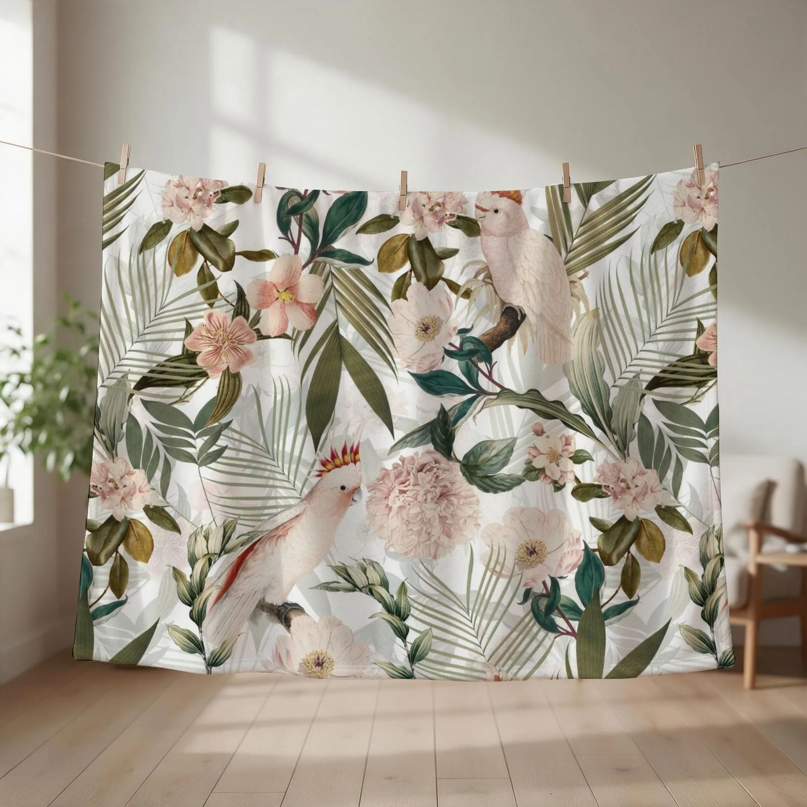 Tropical cockatoo and jungle pattern - white Throw Blanket Decorative Beds Loose Beautifuls Luxury Throw Blankets