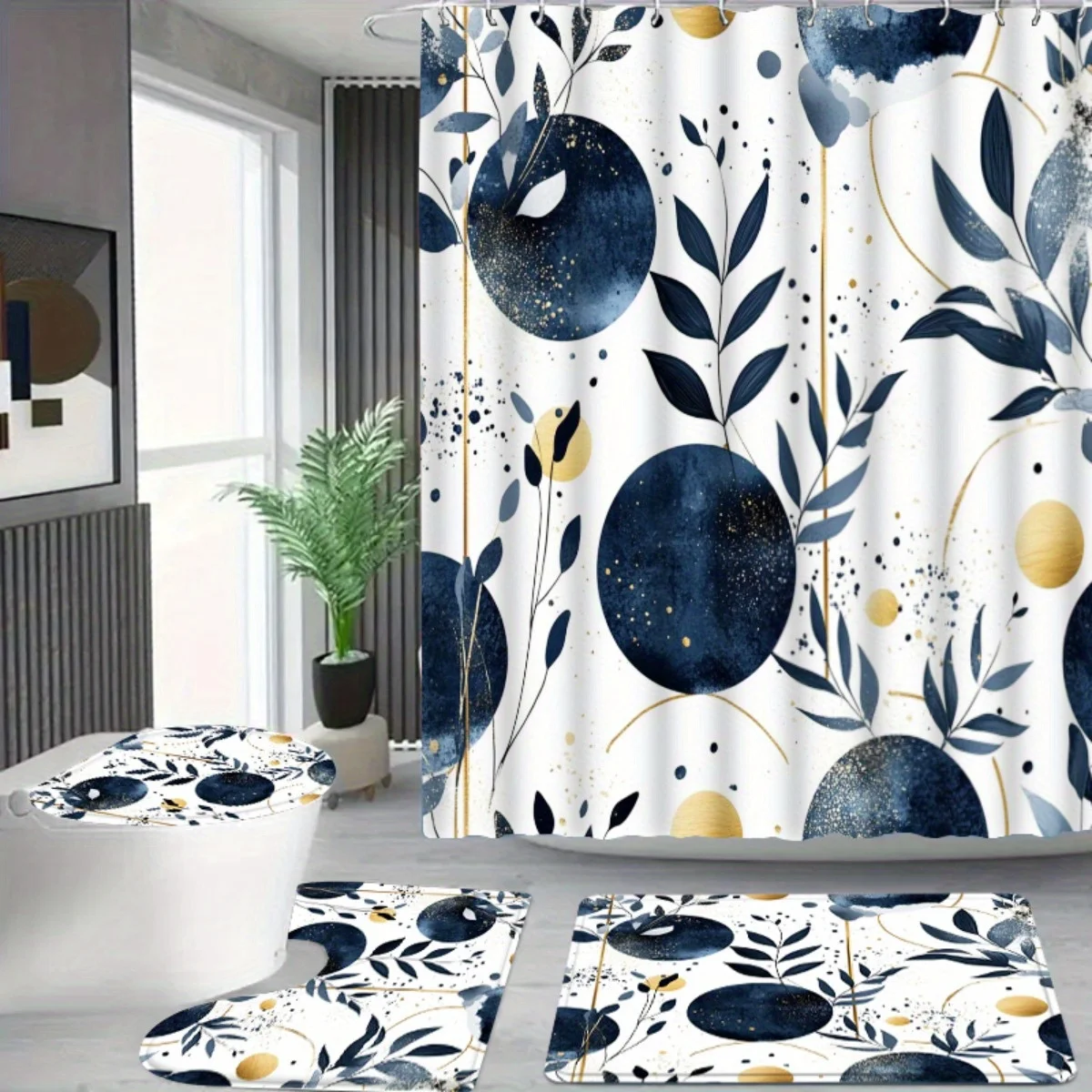 4pc Dark blue and gold floral print bathroom decor, shower curtain, U-shaped mat, toilet seat cover, non-slip mat