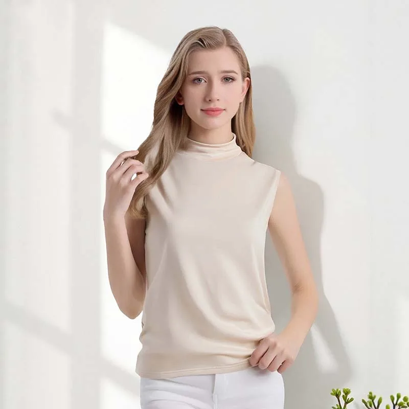 Women 92% Mulberry Silk Sleeveless Mock Neck Knit Top Solid Color Tank Top Pure Silk Vest Camisole Base Layer T-Shirt