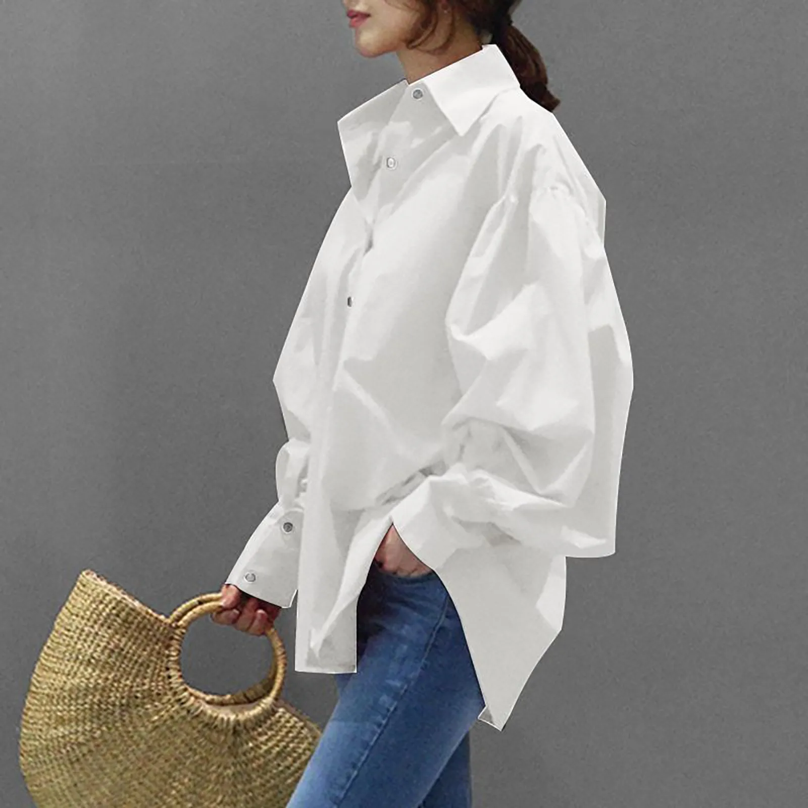 Woman Spring Fall Solid Casual Shirt Loose Lapel Button Up Blouse Korean Fashion Long Lantern Sleeve Clothes Oversize Simple Top