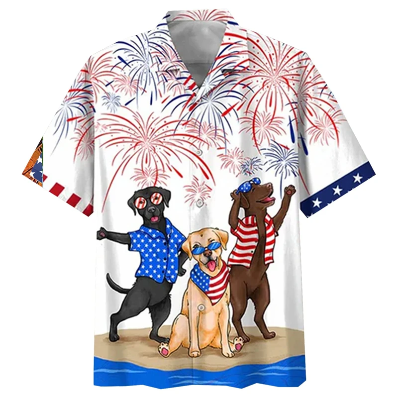 Cute Cartoon Corgi Firework Patriotic Element Pattern Unisex Short Sleeve Blouse Camp Collar Loose Vacation Shirt