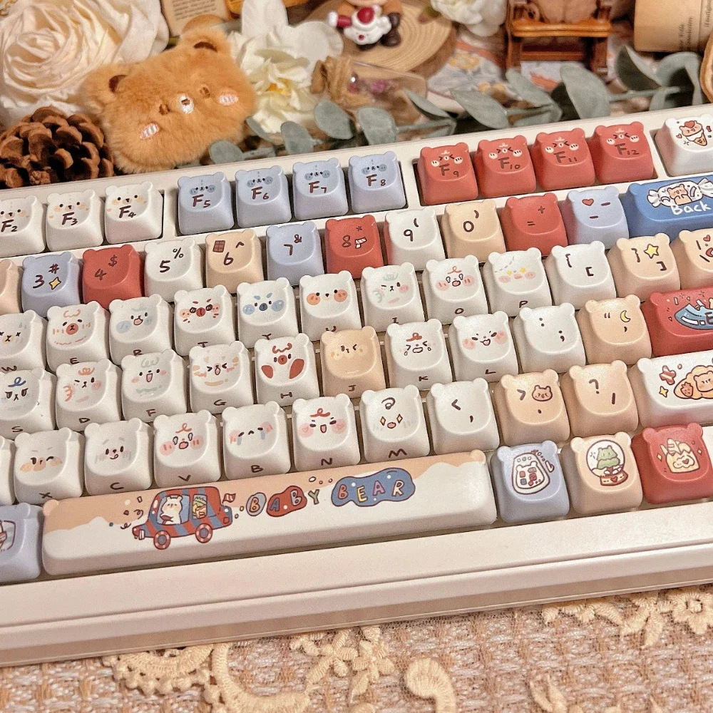 

130Keys Bear Keycap White Candy Bear EAO PBT Light Bear Head Round Ears Cute Keycap Five-Sided Sublimation Cartoon Cat Keycap