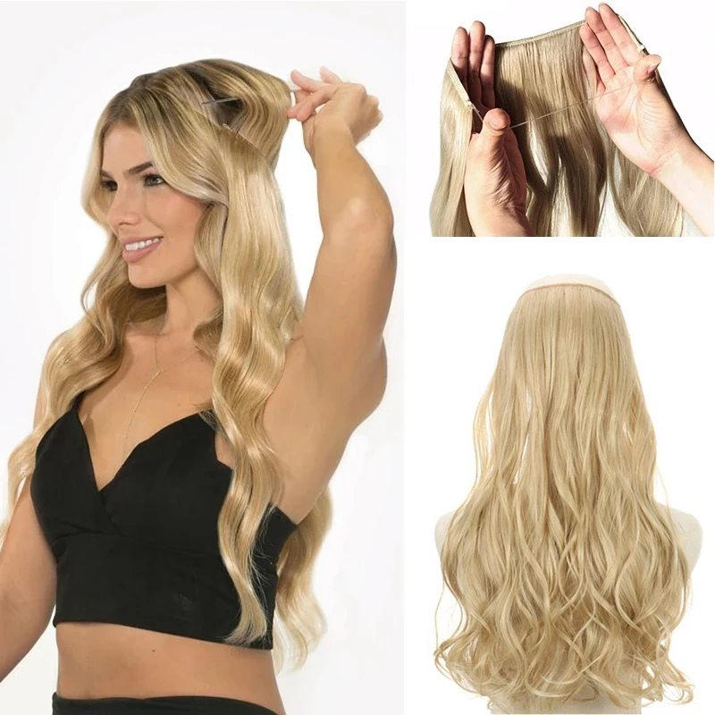 

No Clips Natural Hair Extension Synthatic Artificial Long Straight Hairpiece Blonde Black Mixed Color False Hair Piece For Women