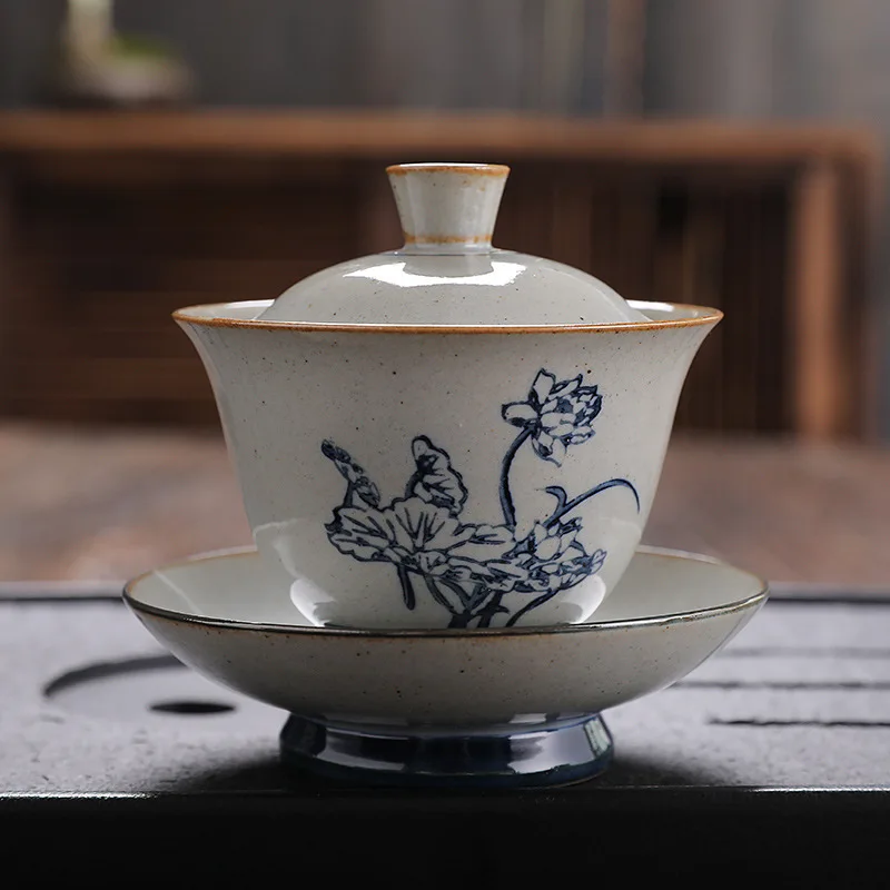 

Gaiwan Infuser Teaware Teapot Ceremony Tibetan Vintage Blue and White Trinity Cover Bowl Kung Fu Tea Set Ceramic Tea Making Cup