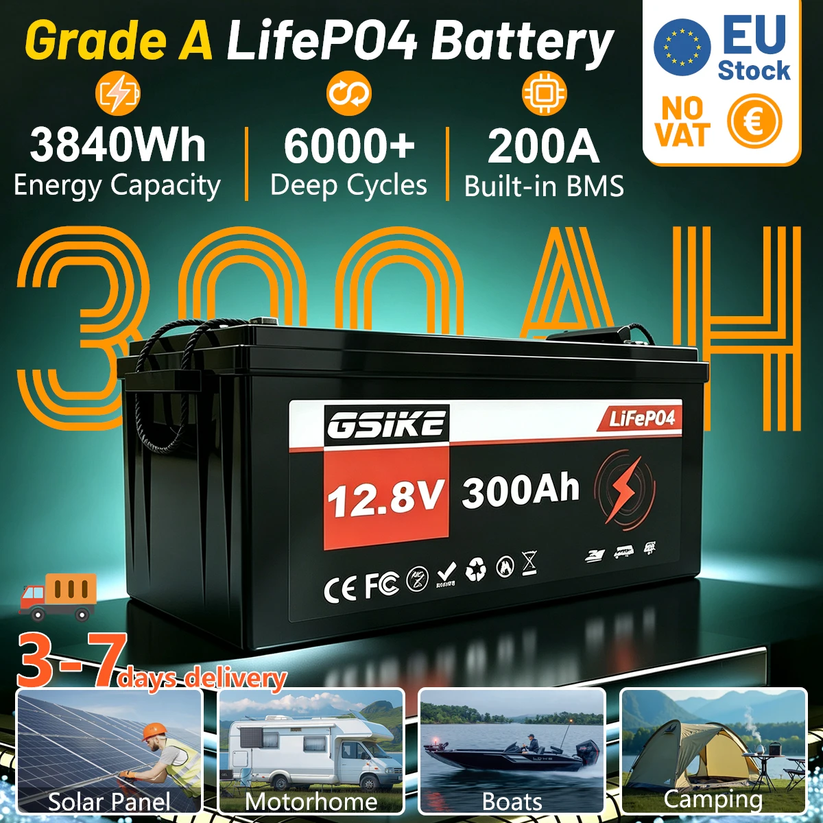 Batteria Gsike 12V 12.8V 300Ah Lifepo4 3840Wh 4S1P Lfp Ricaricabile con oltre 6000 Cicli, Max 150A per Solare Domestico, Camper, Nautica e Campeggio