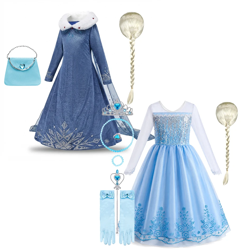 Girls Princess Dress Ice Snow Queen Costume Kids Blue Sequin Long Sleeve Velvet Gown Birthday Party Role Play Dress Up Set