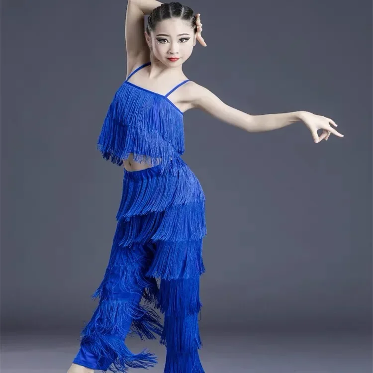 Verkauf Ballsaal Fransen Quaste Kleid Top und Hosen Pailletten Fransen Salsa Samba Kostüm Kinder Kinder Mädchen Latin Dance Kleider