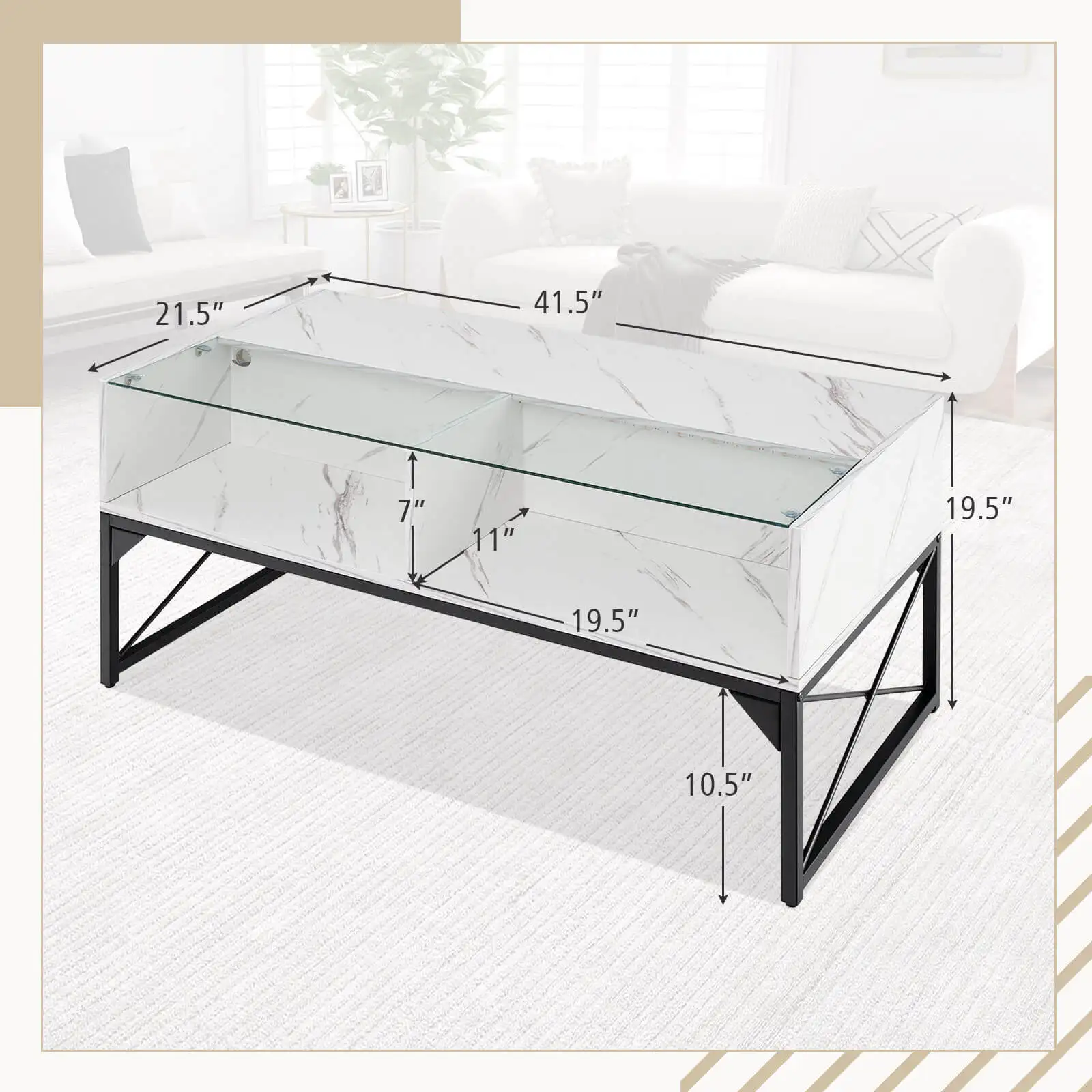 High-gloss LED Coffee Table w/ Faux Marble & Tempered Glass Top 4 Storage Cubes