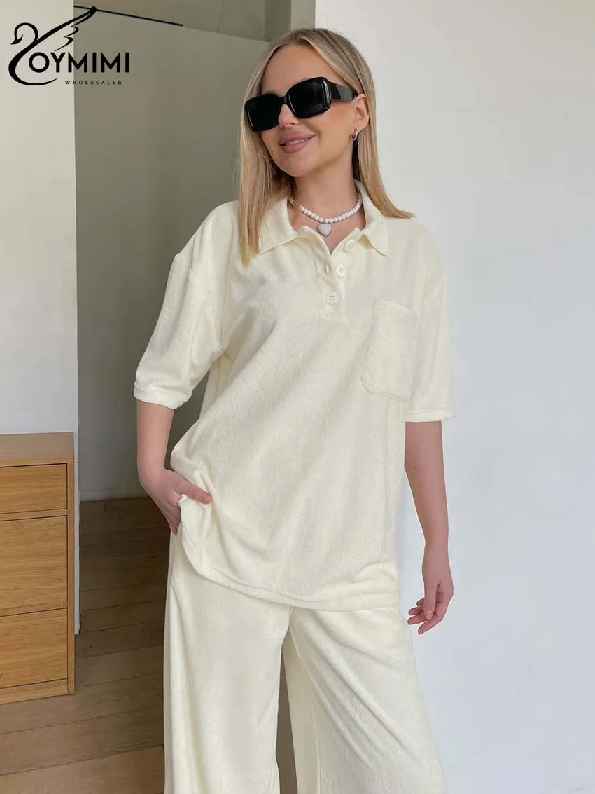 Oymimi Fashion Beige Two Piece Set For Women Elegant Lapel Button Half Sleeve Pockets Tops And High Waist Full Length Pants Sets