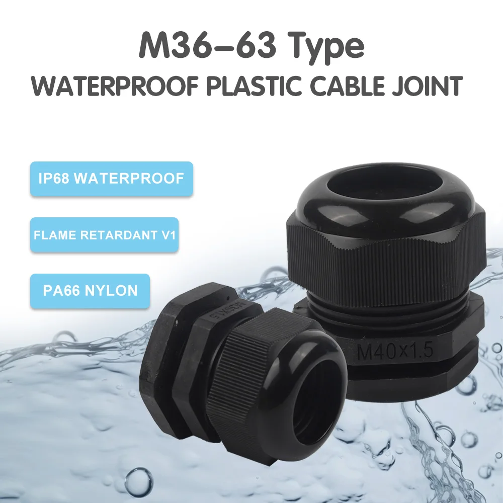 1PCS IP68 Black Waterproof Nut Metallic Cable Gland M Type Adjustable Connectors Nylon Plastic Seal Fixing Joint M36/M40/M50/M63