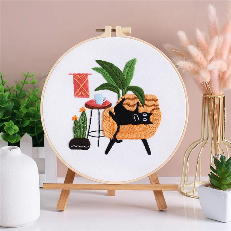 

5 Sets Embroidery Set For Beginners Adults , Hand Embroidery Set Kit Includes Leisure Cat, Hoop, Color Threads, Tools