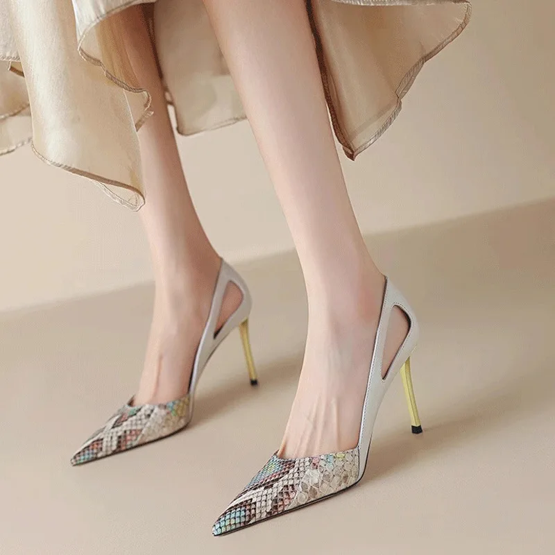 

Workplace/commuter Hollow-Out Stilettos Sandals Snake Print Pointed-Toe High Heels French Elegant Pumps Plus-Size Women Shoes
