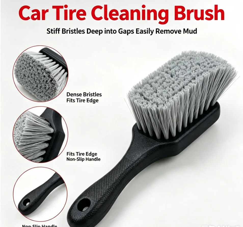Soft Bristle Car Tire Brush Heavy Duty Short Handle Car Wash Brush Durable Design Ergonomic Handle Wheel Cleaning Brush